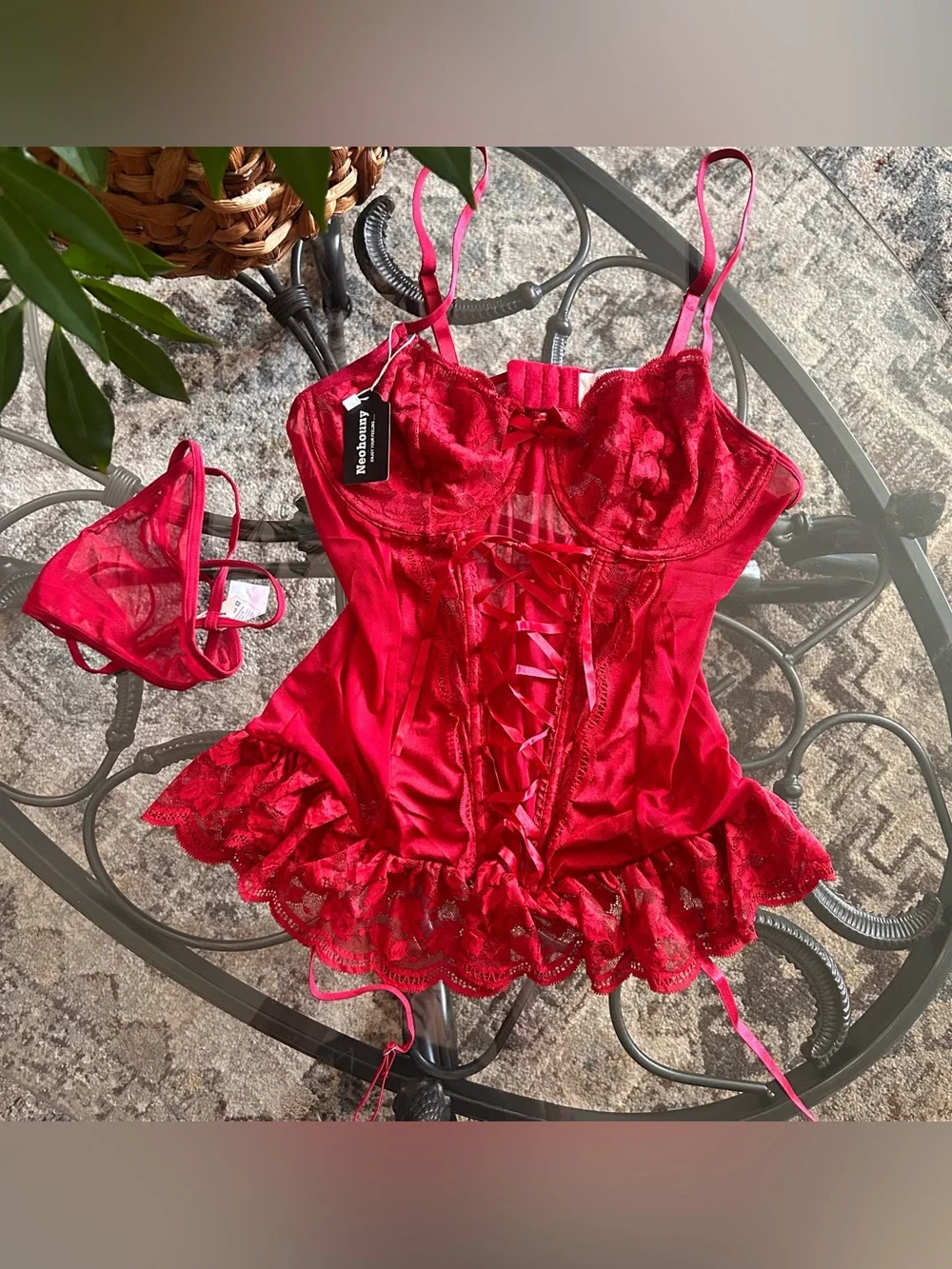 Neohouny Red Lace-Up Corset Lingerie Set
